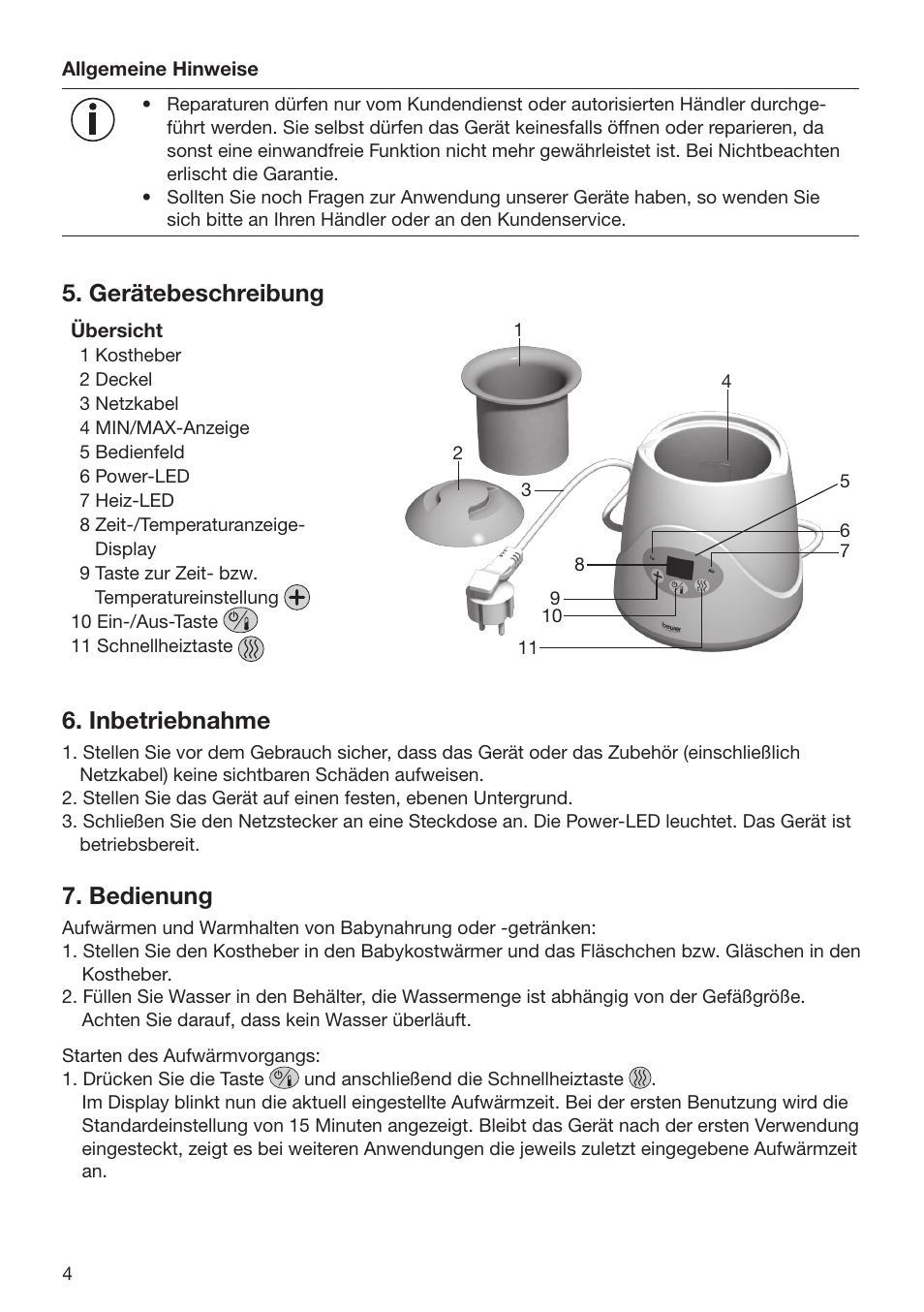 Gerätebeschreibung, Inbetriebnahme, Bedienung | Beurer BY 52 User Manual | Page 4 / 48