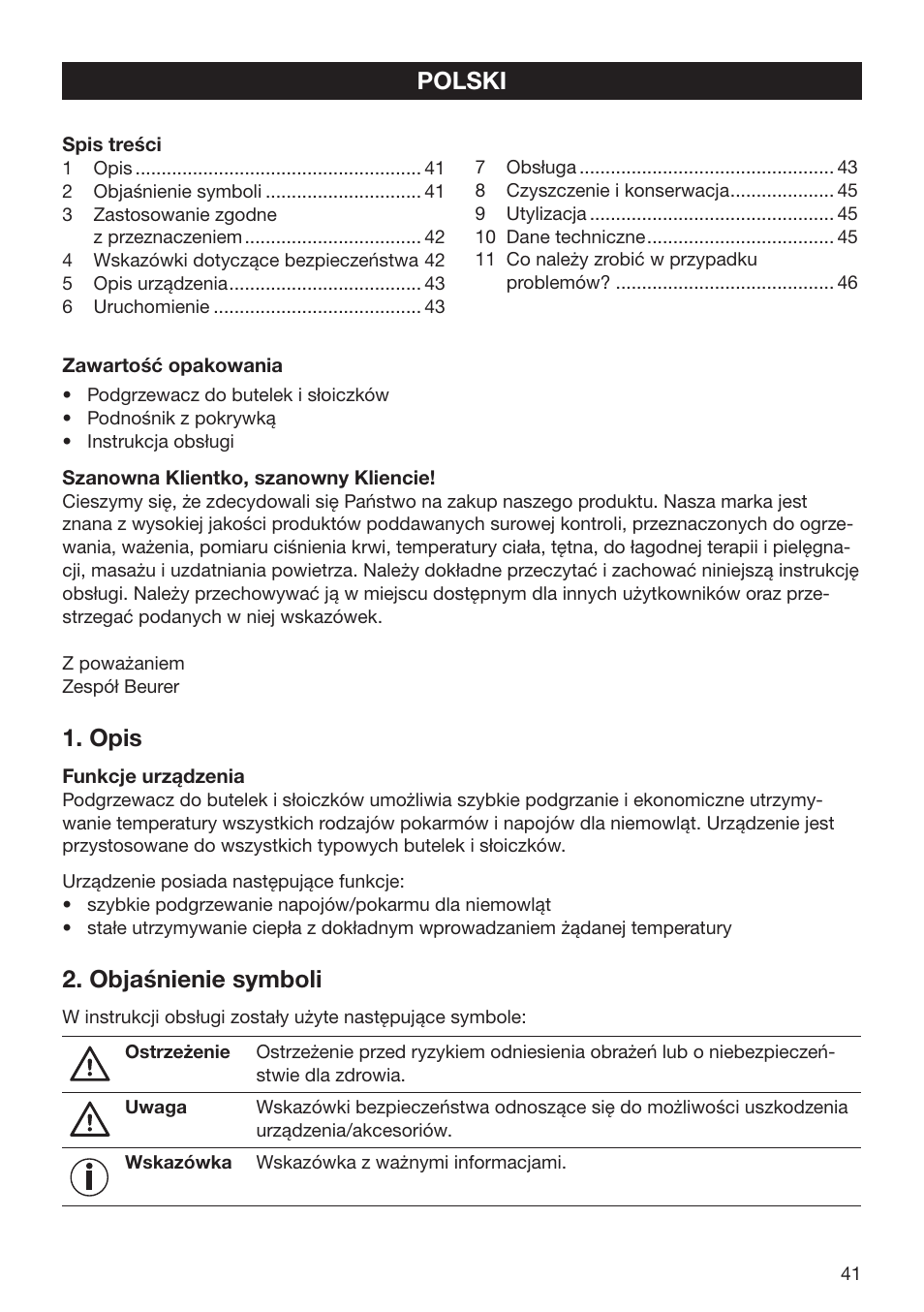 Opis, Objaśnienie symboli, Polski | Beurer BY 52 User Manual | Page 41 / 48