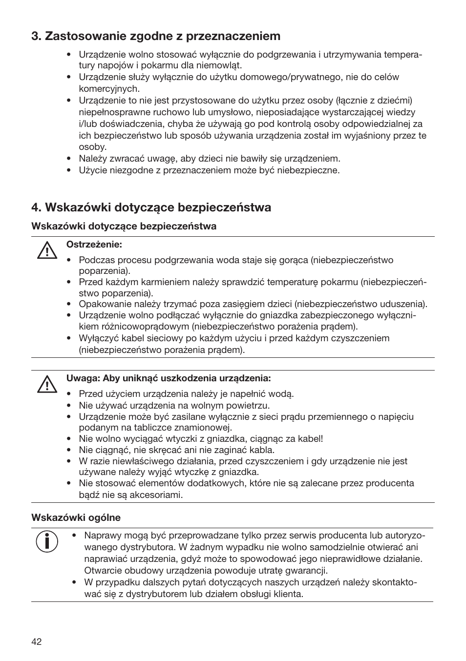 Zastosowanie zgodne z przeznaczeniem, Wskazówki dotyczące bezpieczeństwa | Beurer BY 52 User Manual | Page 42 / 48