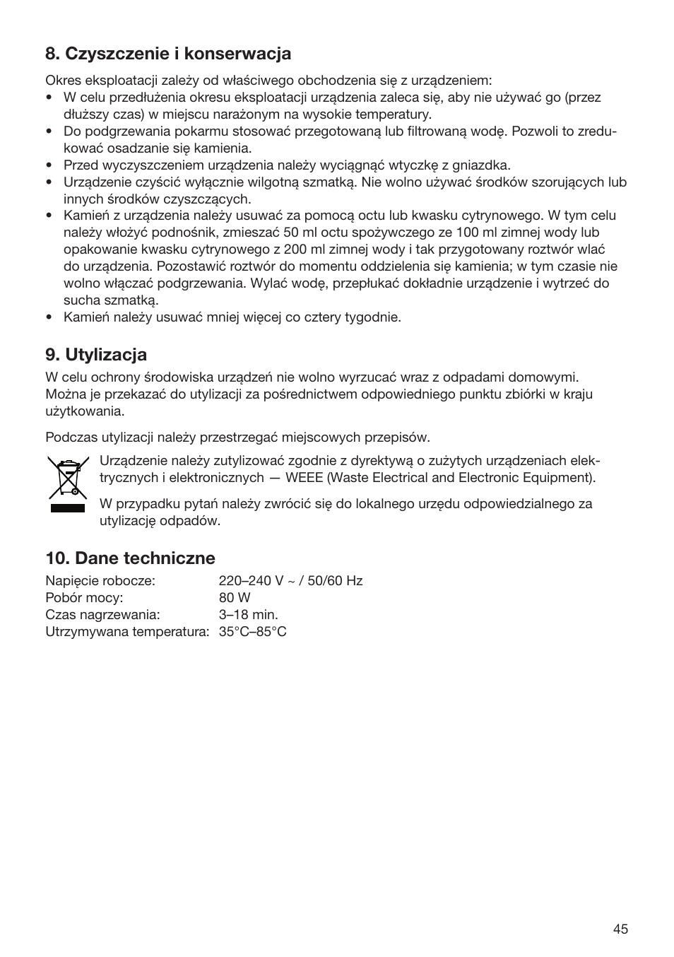 Czyszczenie i konserwacja, Utylizacja, Dane techniczne | Beurer BY 52 User Manual | Page 45 / 48