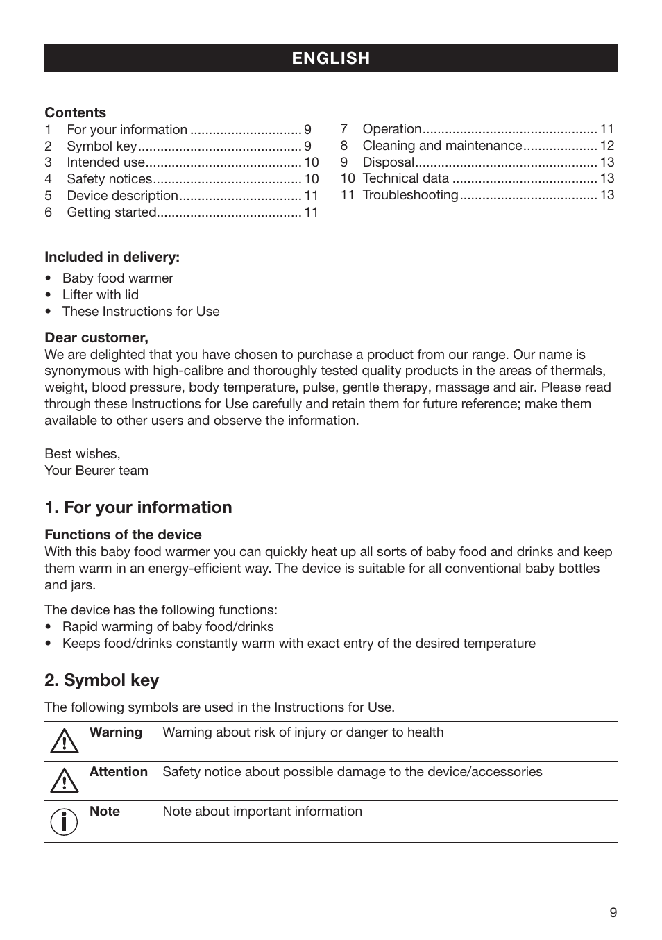 For your information, Symbol key | Beurer BY 52 User Manual | Page 9 / 48