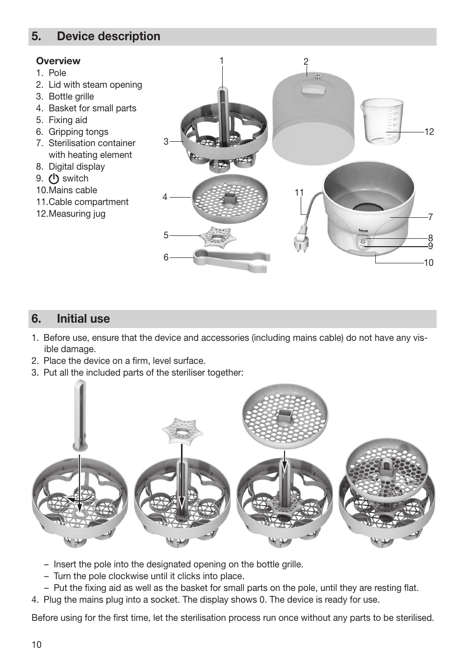 Device description, Initial use | Beurer BY 76 User Manual | Page 10 / 44