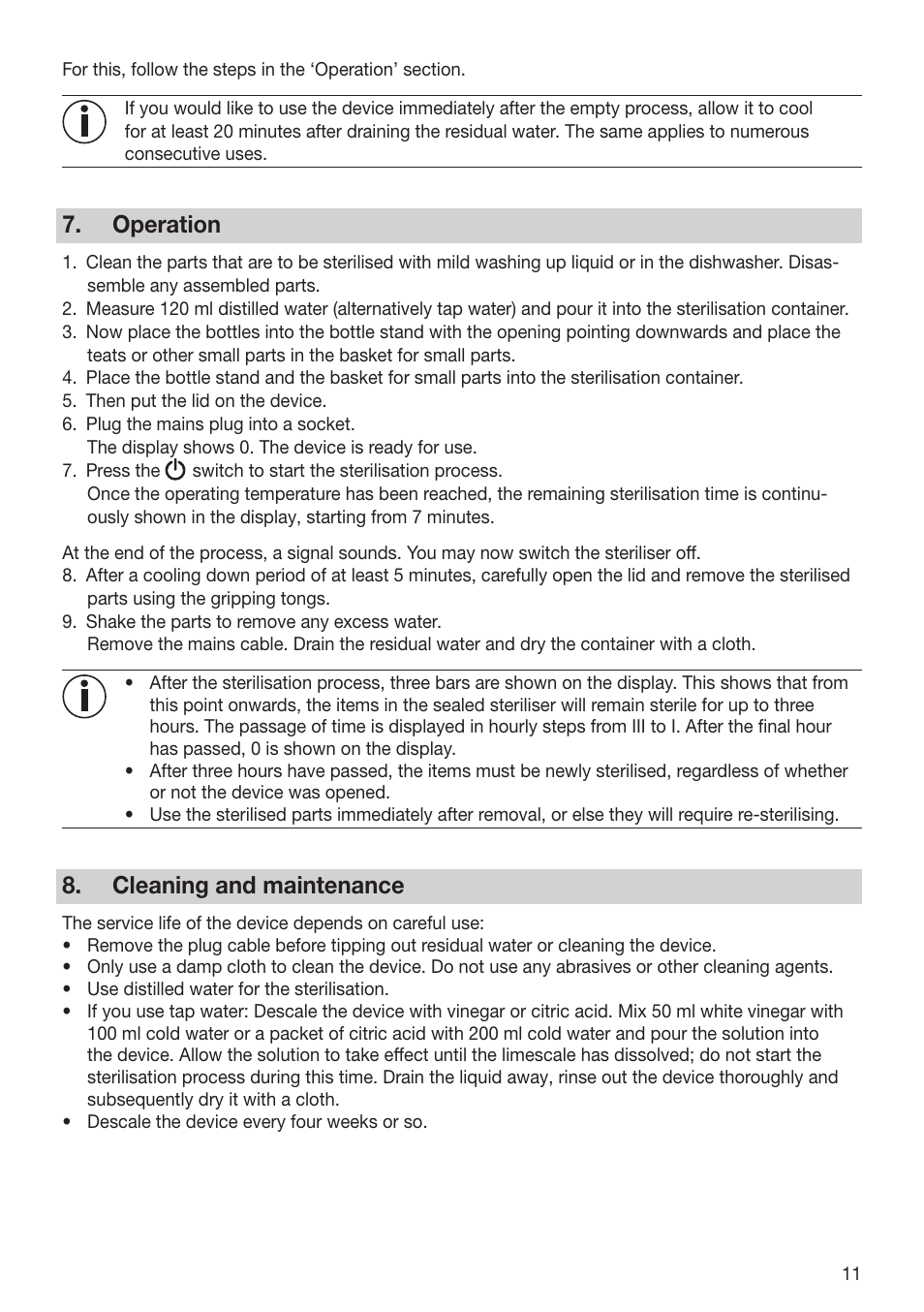 Operation, Cleaning and maintenance | Beurer BY 76 User Manual | Page 11 / 44