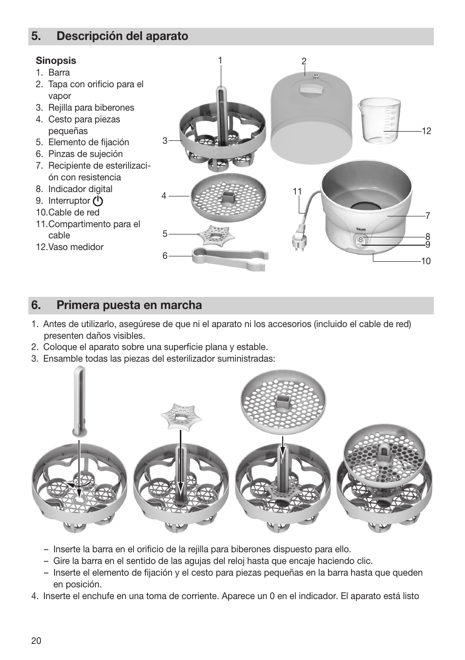 Descripción del aparato, Primera puesta en marcha | Beurer BY 76 User Manual | Page 20 / 44