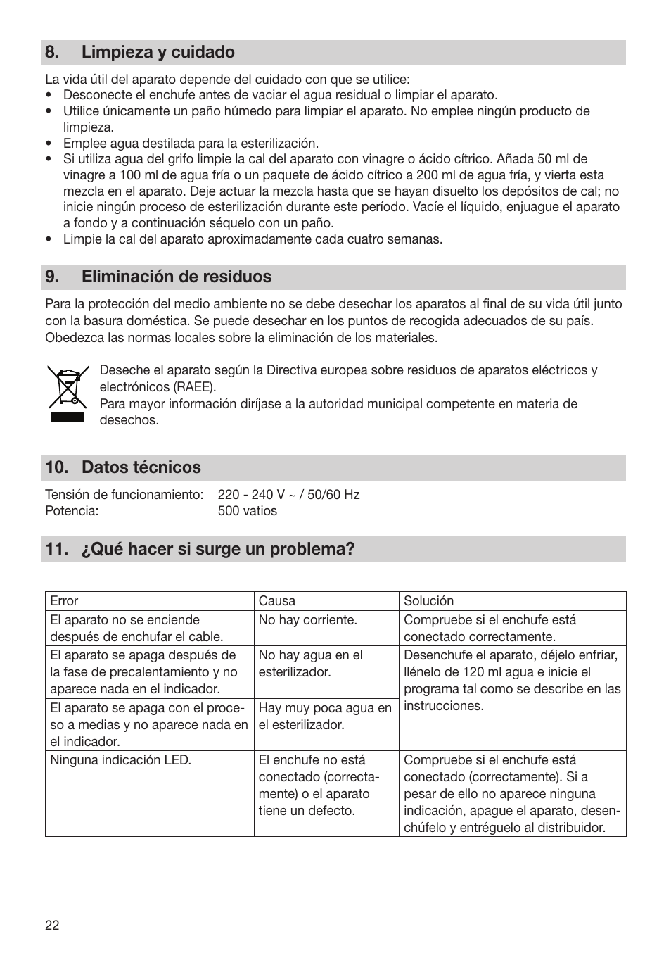 Limpieza y cuidado, Eliminación de residuos, Datos técnicos | ¿qué hacer si surge un problema | Beurer BY 76 User Manual | Page 22 / 44
