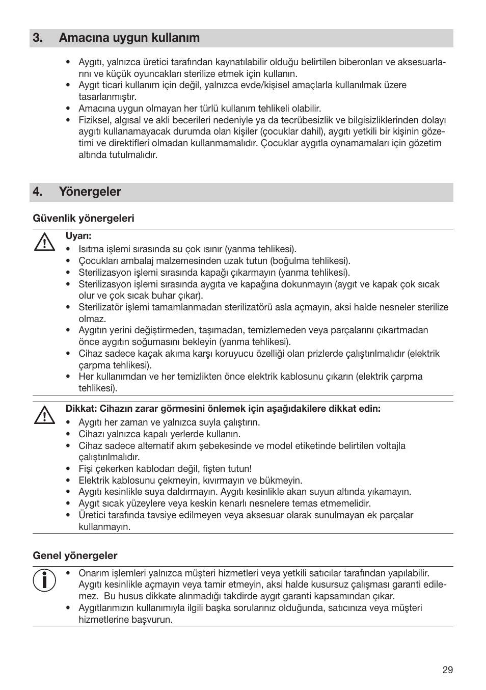 Amacına uygun kullanım, Yönergeler | Beurer BY 76 User Manual | Page 29 / 44
