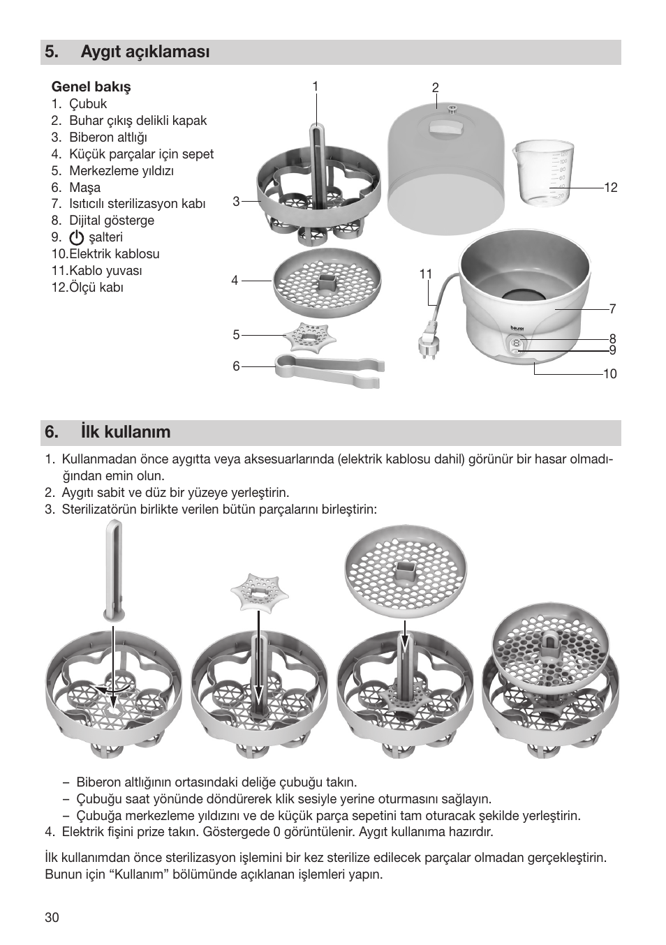 Aygıt açıklaması, Ilk kullanım | Beurer BY 76 User Manual | Page 30 / 44