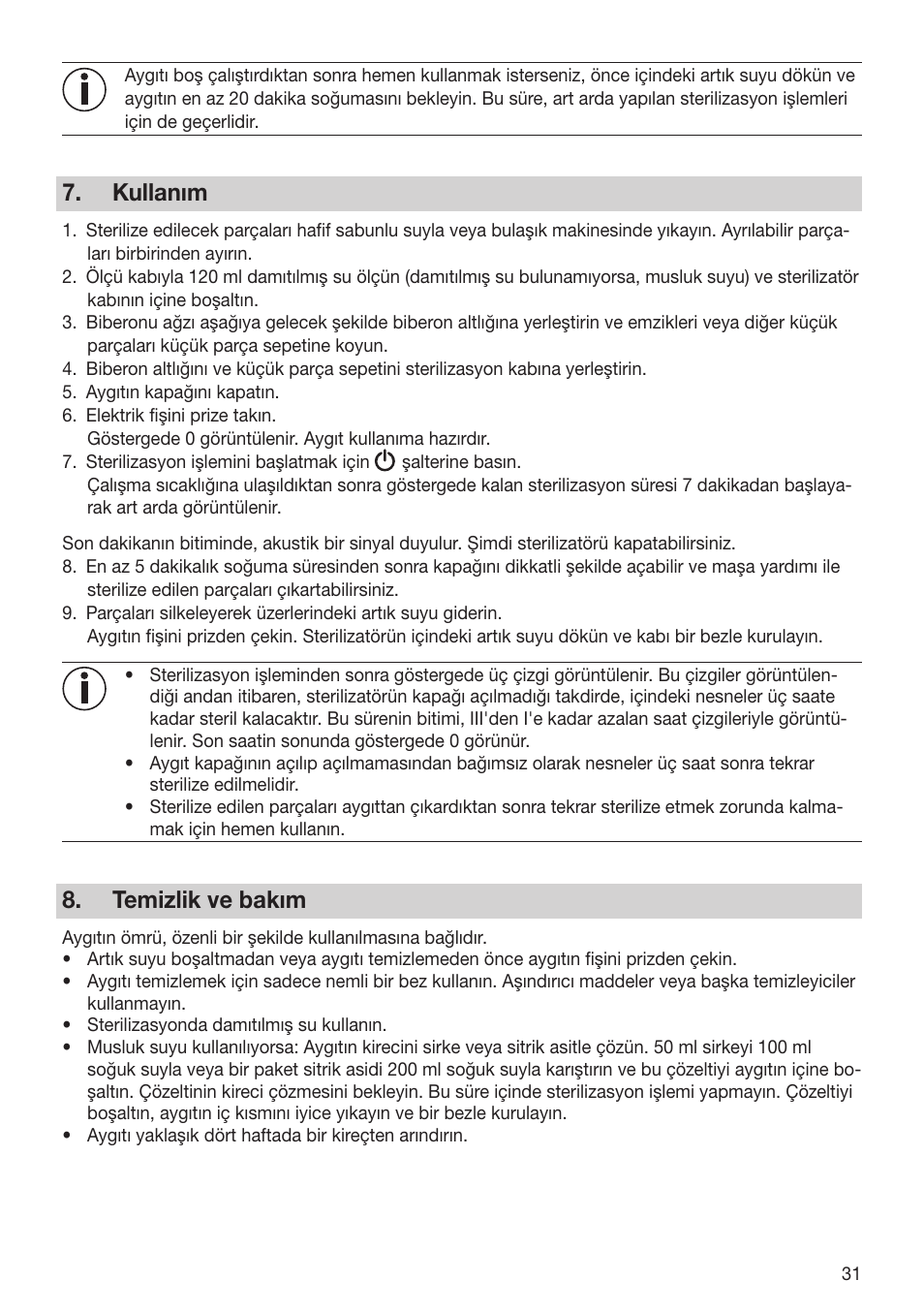 Kullanım, Temizlik ve bakım | Beurer BY 76 User Manual | Page 31 / 44
