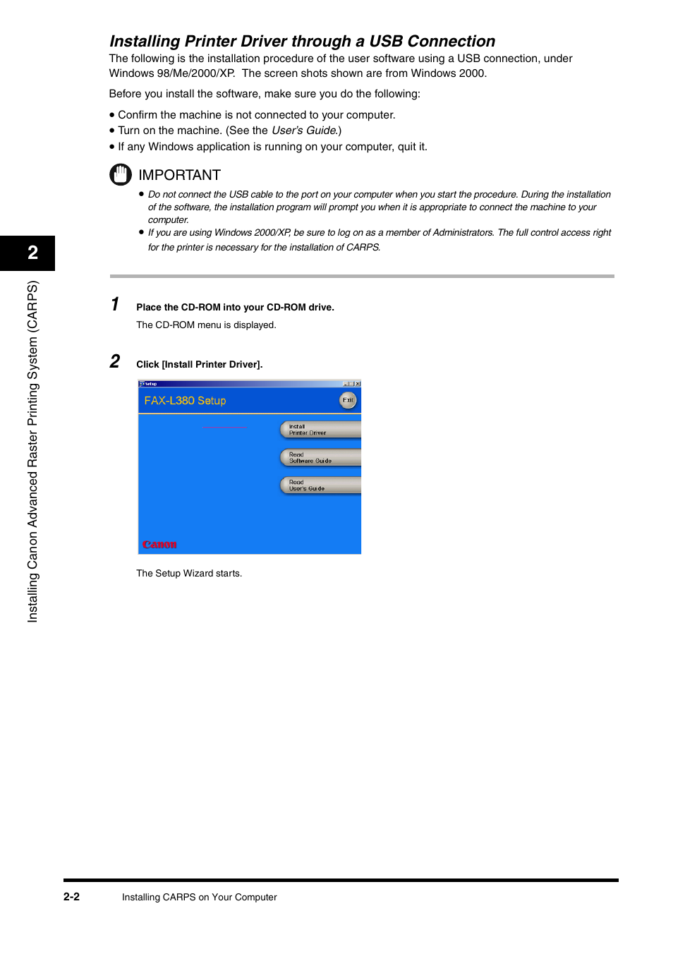 Installing printer driver through a usb connection | Canon FAX-L380 User Manual | Page 11 / 104