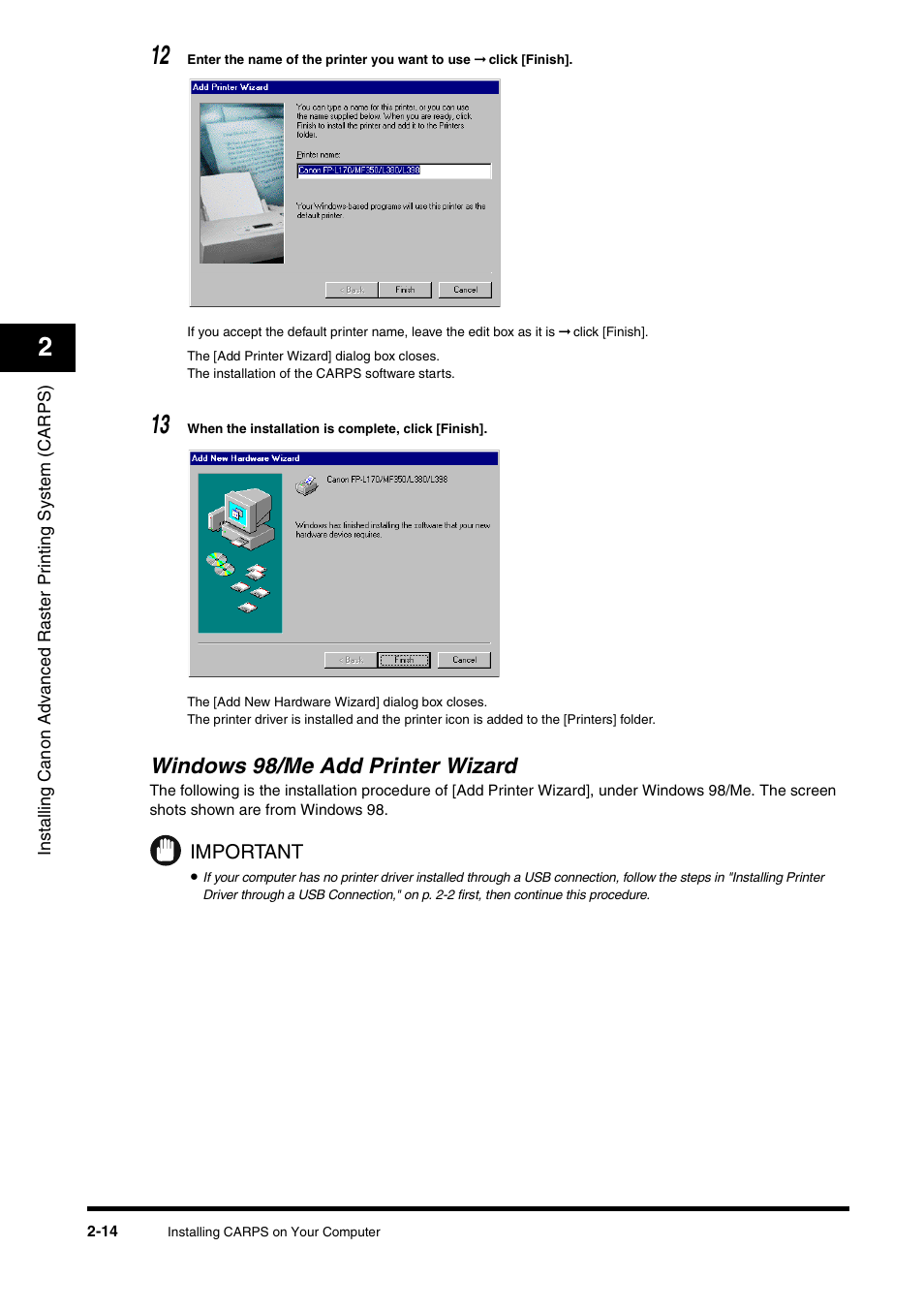 Windows 98/me add printer wizard, Windows 98/me add printer wizard -14 | Canon FAX-L380 User Manual | Page 23 / 104