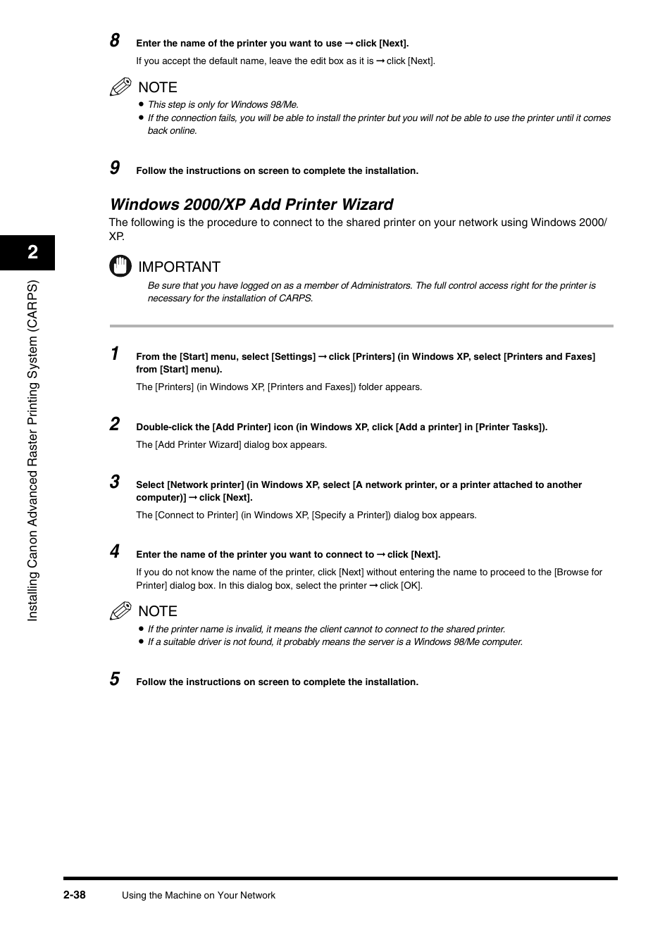 Windows 2000/xp add printer wizard, Windows 2000/xp add printer wizard -38 | Canon FAX-L380 User Manual | Page 47 / 104