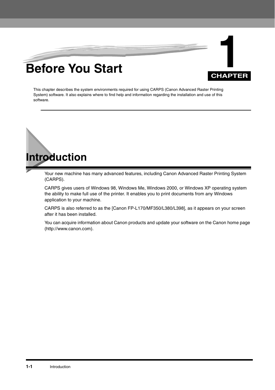 Chapter 1 before you start, Introduction, Chapter 1 | Before you start, Introduction -1 | Canon FAX-L380 User Manual | Page 7 / 104