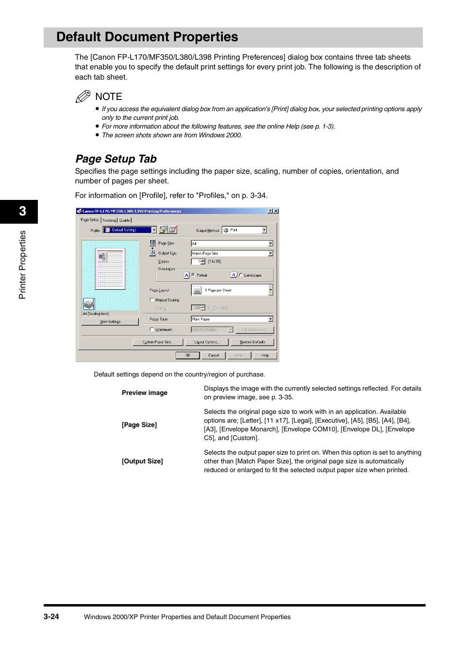 Default document properties, Default document properties -24, 3default document properties | Page setup tab | Canon FAX-L380 User Manual | Page 71 / 104