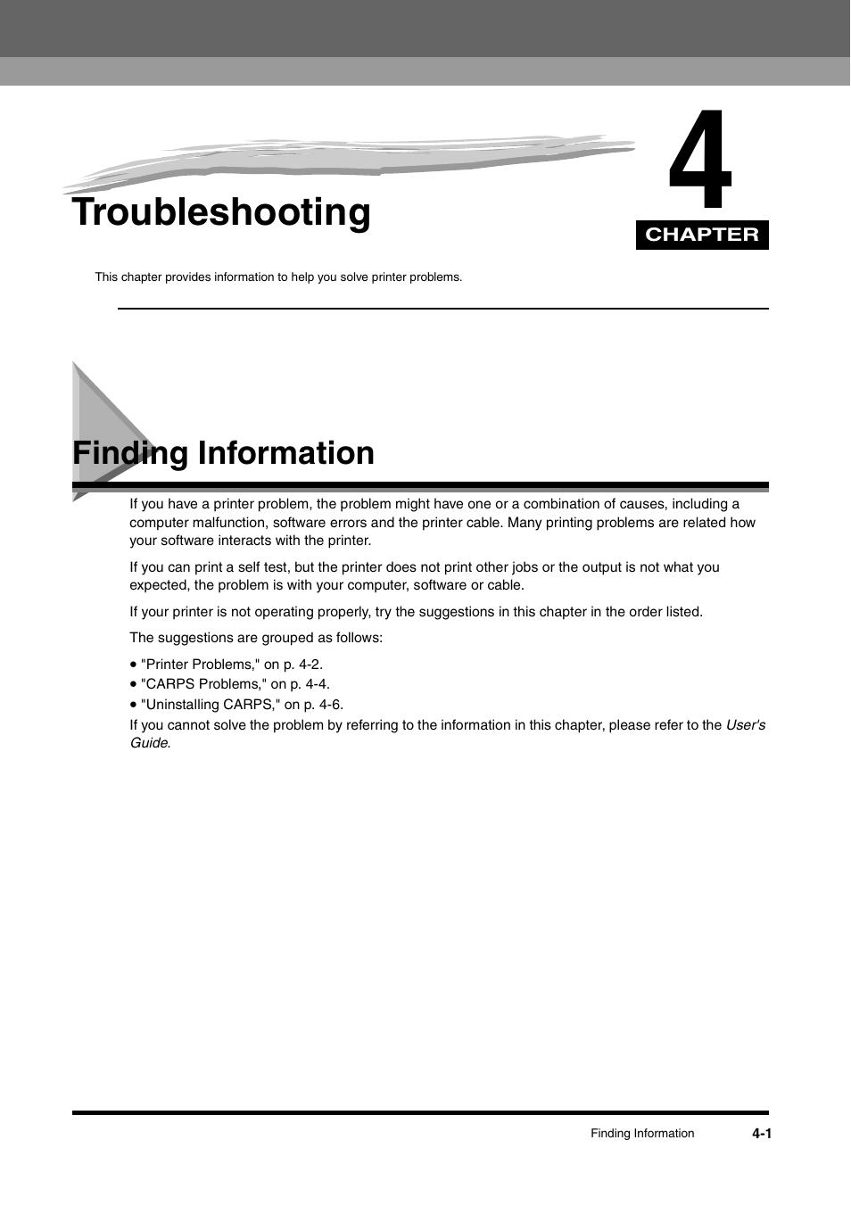 Chapter 4 troubleshooting, Finding information, Chapter 4 | Troubleshooting, Finding information -1 | Canon FAX-L380 User Manual | Page 86 / 104