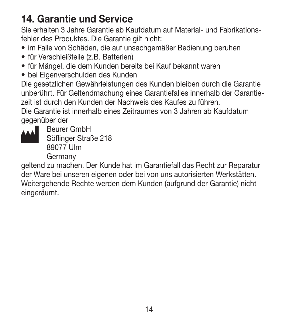 Garantie und service | Beurer BY 33 User Manual | Page 14 / 104