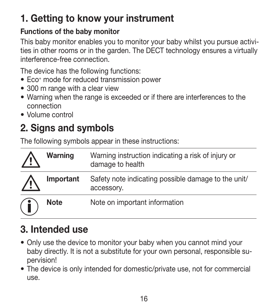 Getting to know your instrument, Signs and symbols, Intended use | Beurer BY 33 User Manual | Page 16 / 104