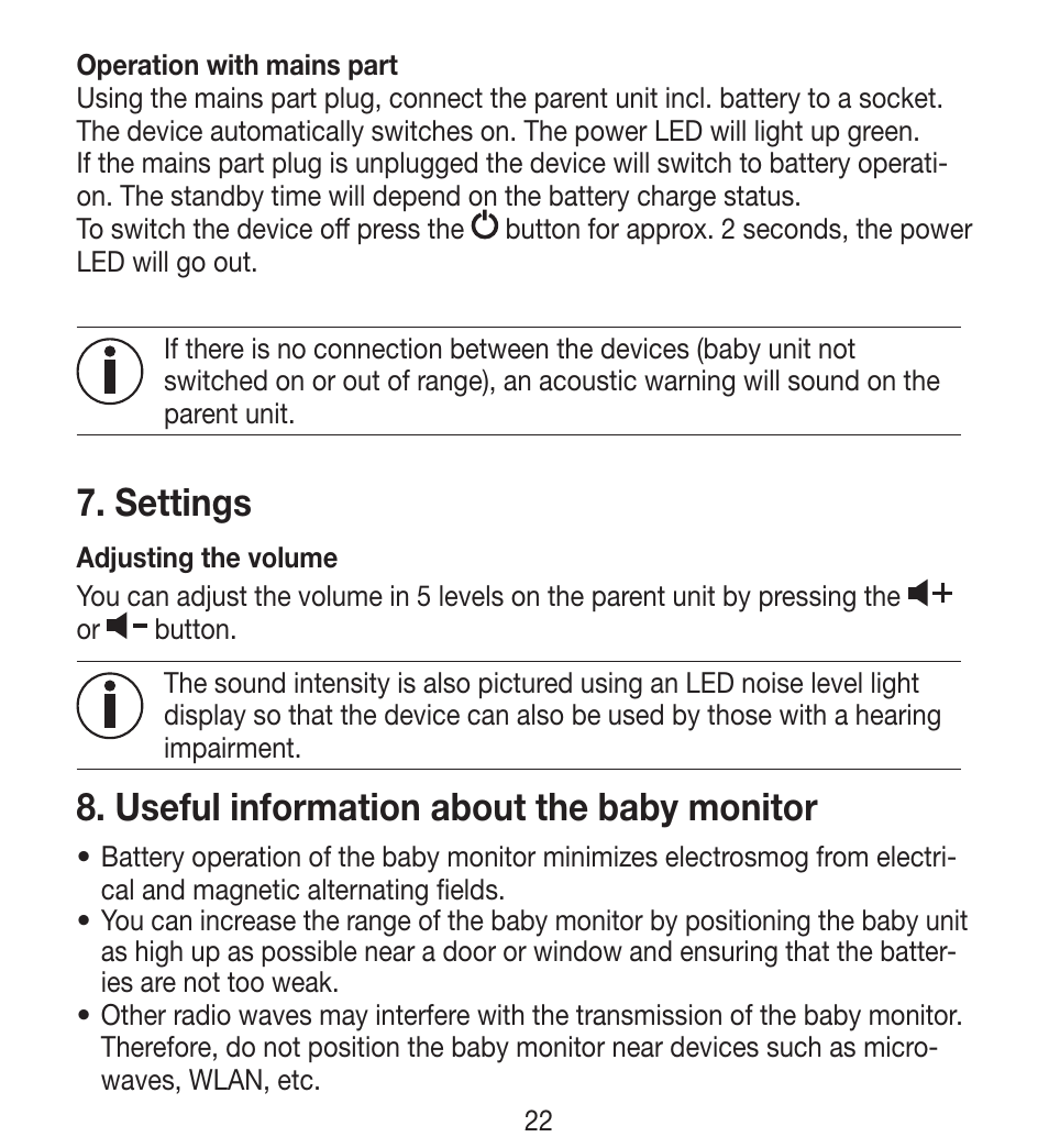 Settings, Useful information about the baby monitor | Beurer BY 33 User Manual | Page 22 / 104