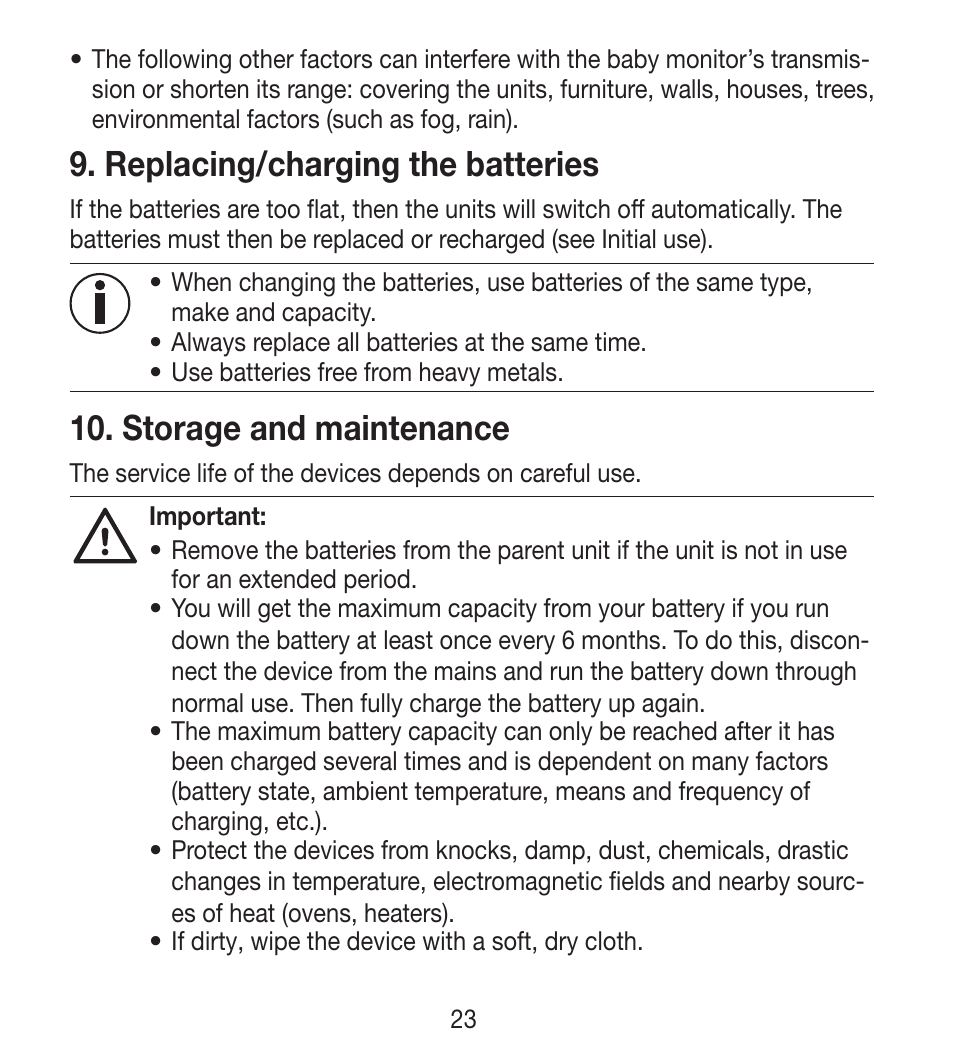 Replacing/charging the batteries, Storage and maintenance | Beurer BY 33 User Manual | Page 23 / 104