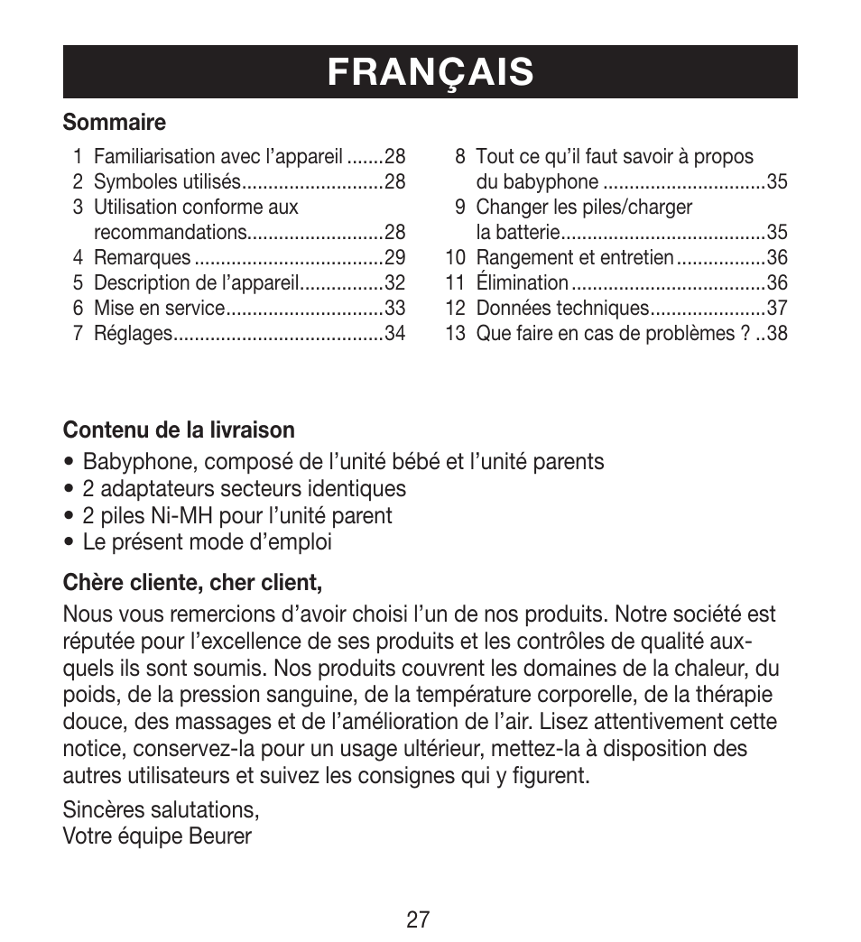 Français | Beurer BY 33 User Manual | Page 27 / 104