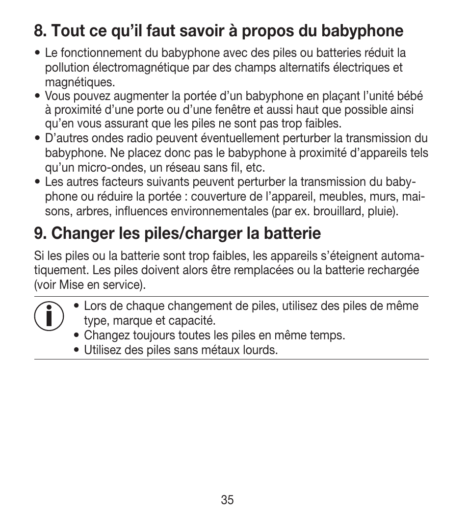 Tout ce qu’il faut savoir à propos du babyphone, Changer les piles/charger la batterie | Beurer BY 33 User Manual | Page 35 / 104