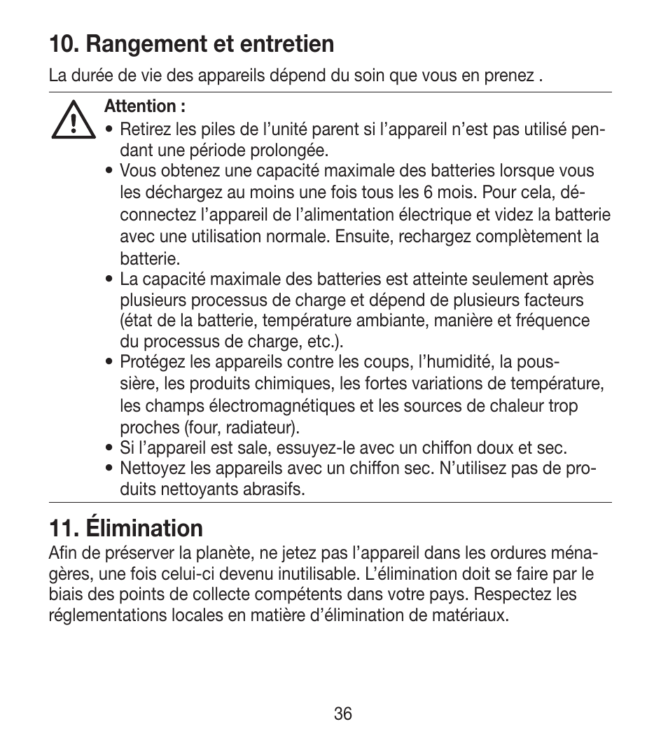 Rangement et entretien, Élimination | Beurer BY 33 User Manual | Page 36 / 104