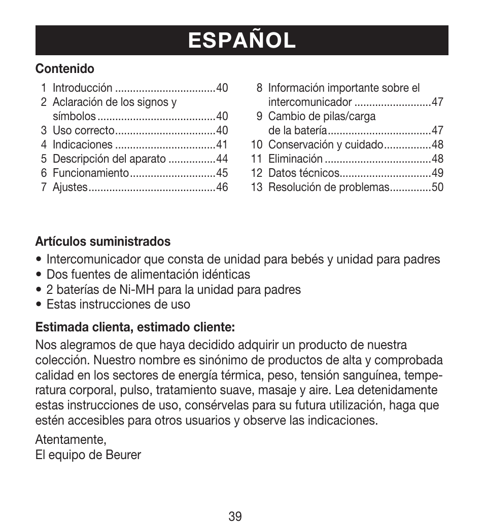 Español | Beurer BY 33 User Manual | Page 39 / 104