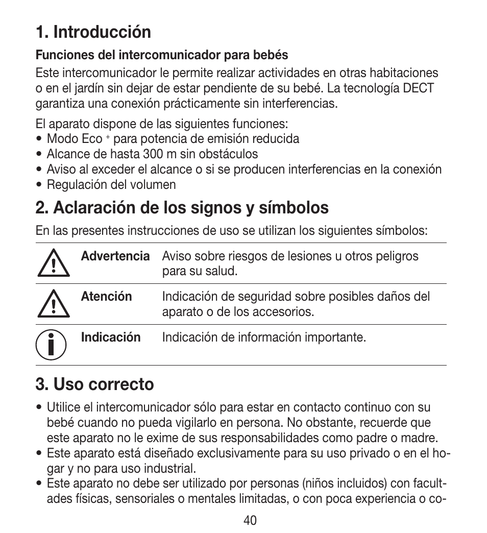 Introducción, Aclaración de los signos y símbolos, Uso correcto | Beurer BY 33 User Manual | Page 40 / 104