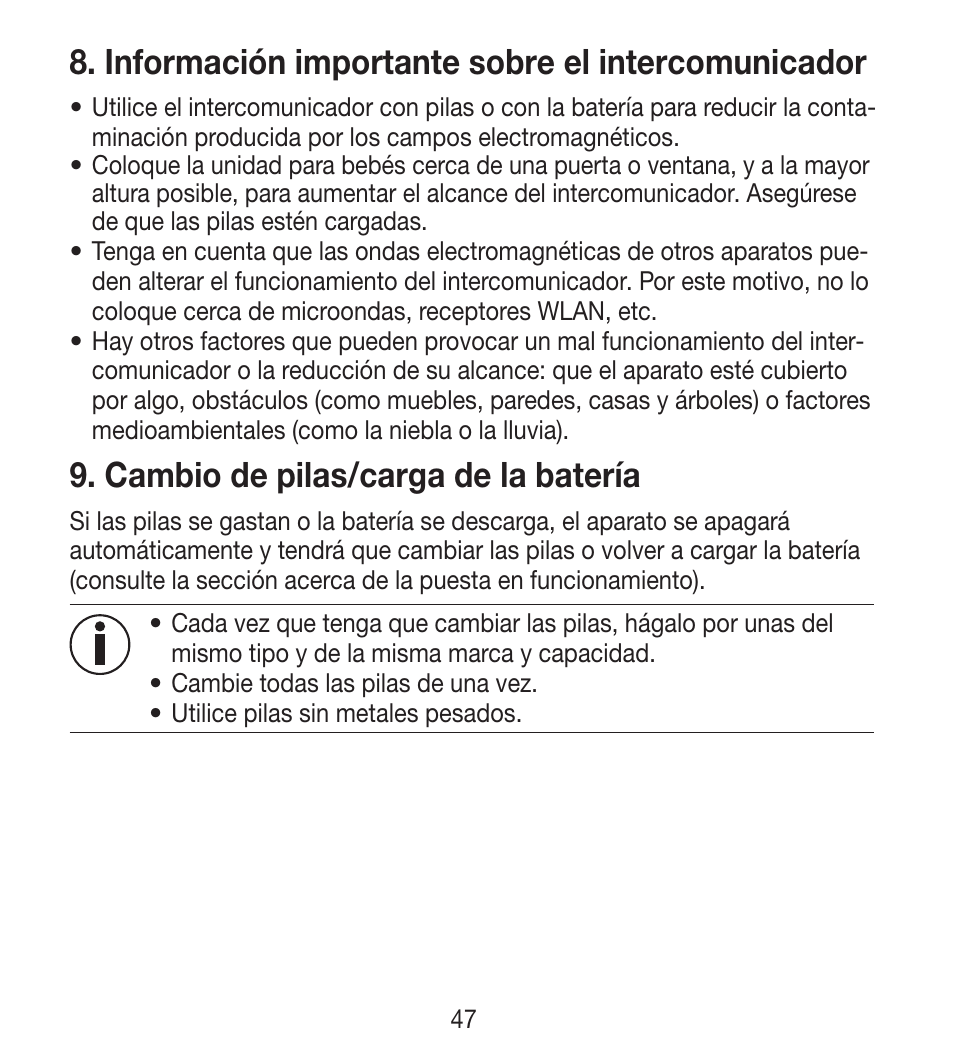 Información importante sobre el intercomunicador, Cambio de pilas/carga de la batería | Beurer BY 33 User Manual | Page 47 / 104