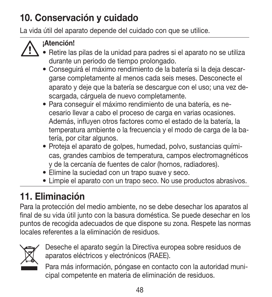 Conservación y cuidado, Eliminación | Beurer BY 33 User Manual | Page 48 / 104