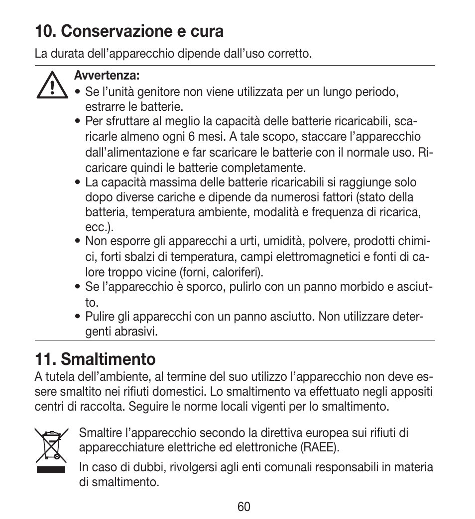 Conservazione e cura, Smaltimento | Beurer BY 33 User Manual | Page 60 / 104