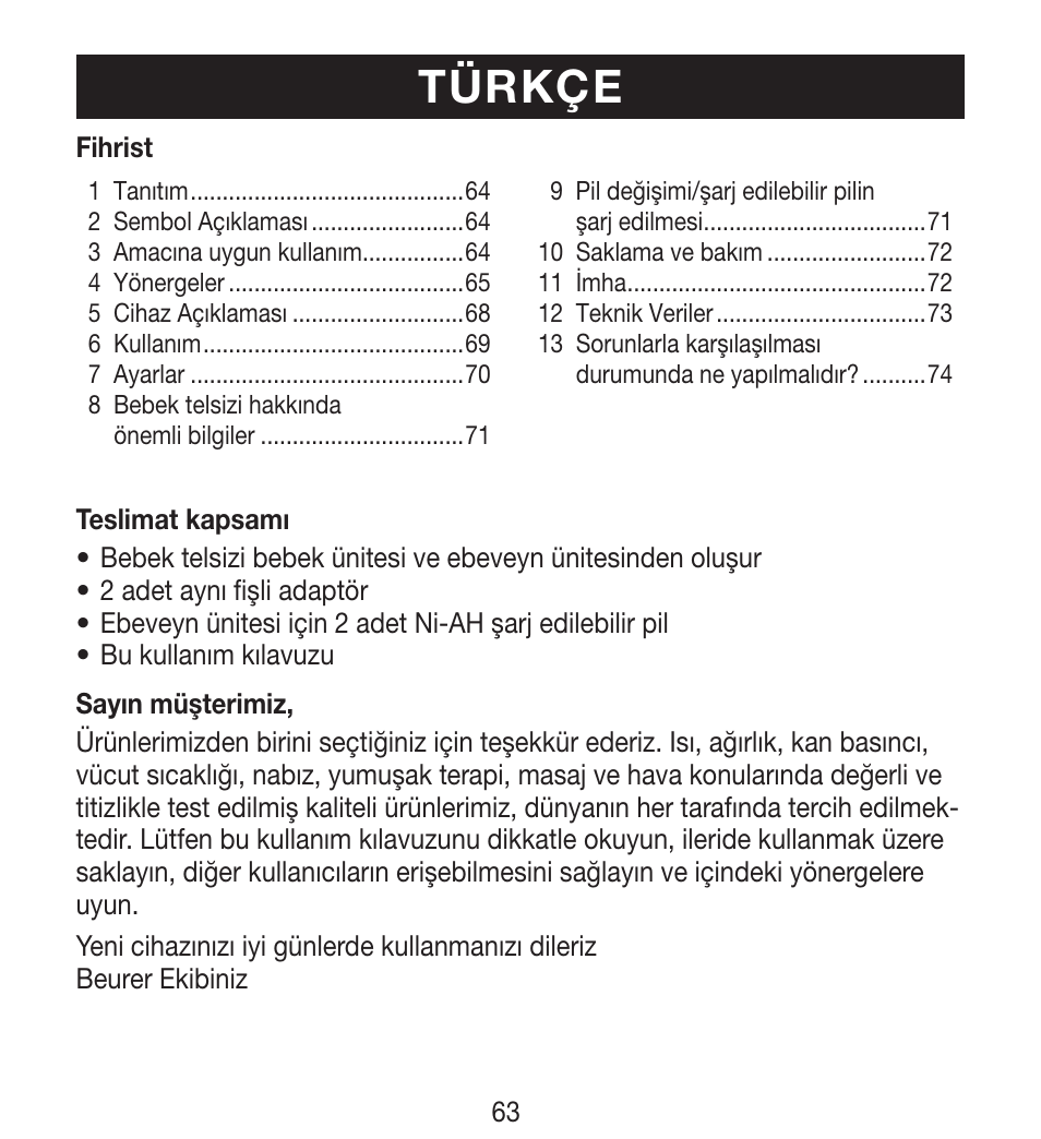 Türkçe | Beurer BY 33 User Manual | Page 63 / 104