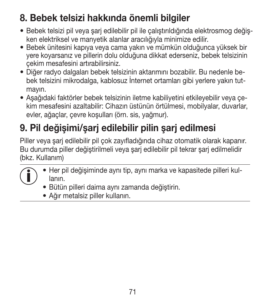 Bebek telsizi hakkında önemli bilgiler, Pil değişimi/şarj edilebilir pilin şarj edilmesi | Beurer BY 33 User Manual | Page 71 / 104