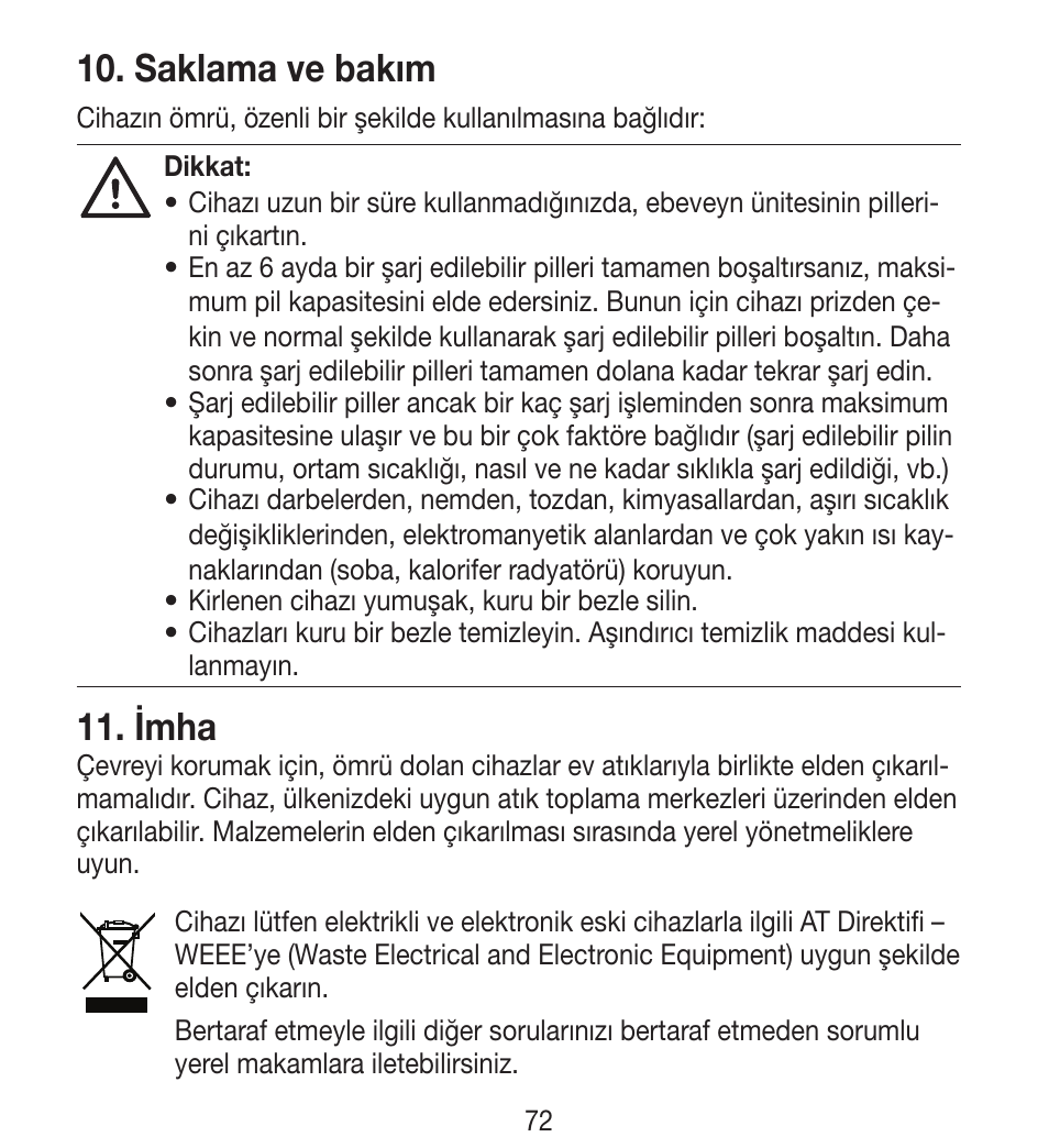 Saklama ve bakım, Imha | Beurer BY 33 User Manual | Page 72 / 104
