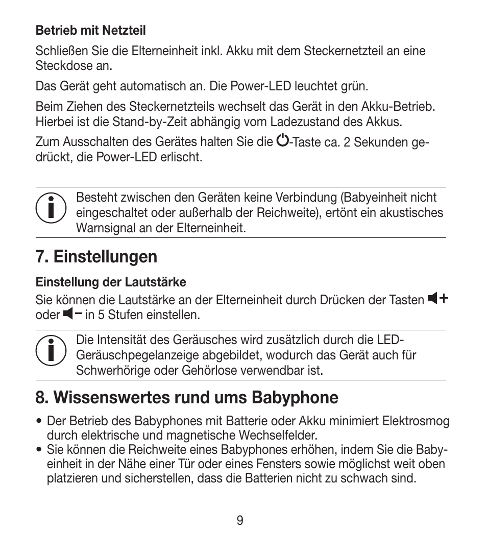 Einstellungen, Wissenswertes rund ums babyphone | Beurer BY 33 User Manual | Page 9 / 104