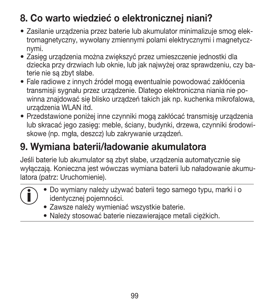 Co warto wiedzieć o elektronicznej niani, Wymiana baterii/ładowanie akumulatora | Beurer BY 33 User Manual | Page 99 / 104