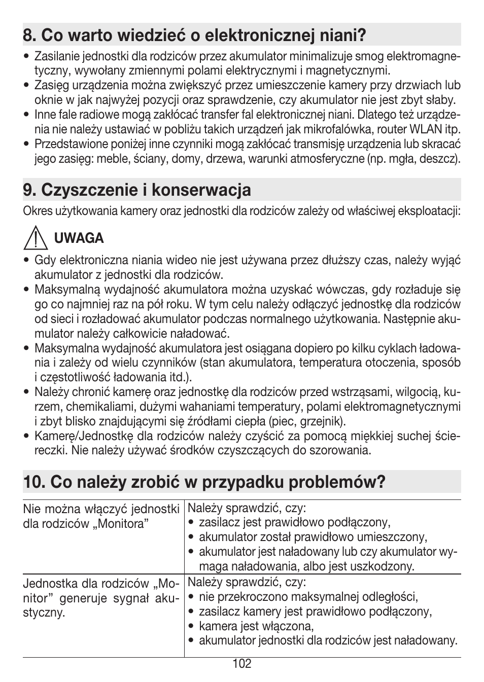 Co warto wiedzieć o elektronicznej niani, Czyszczenie i konserwacja, Co należy zrobić w przypadku problemów | Beurer BY 77 User Manual | Page 102 / 104