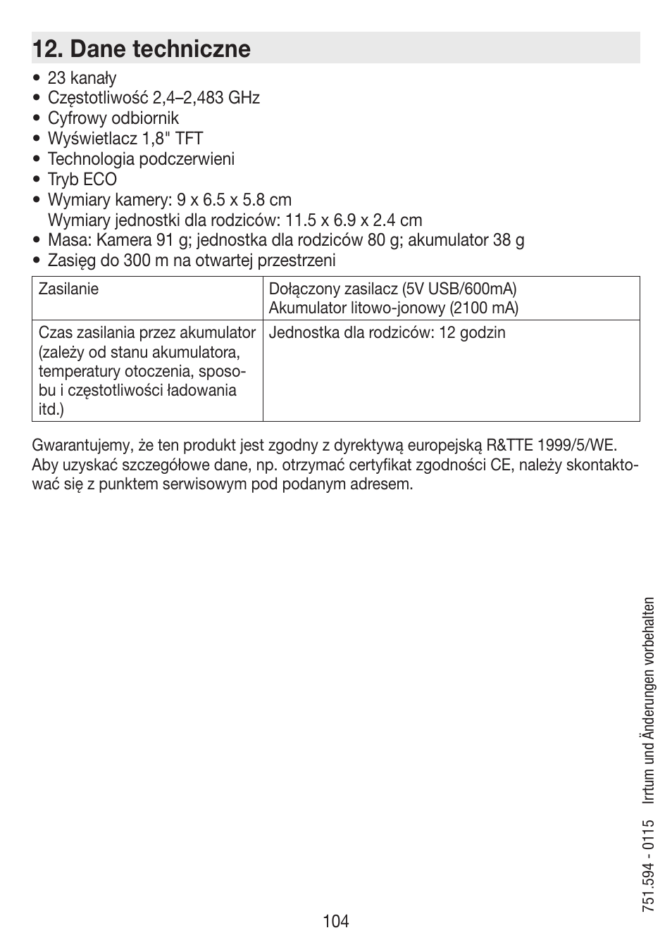 Dane techniczne | Beurer BY 77 User Manual | Page 104 / 104