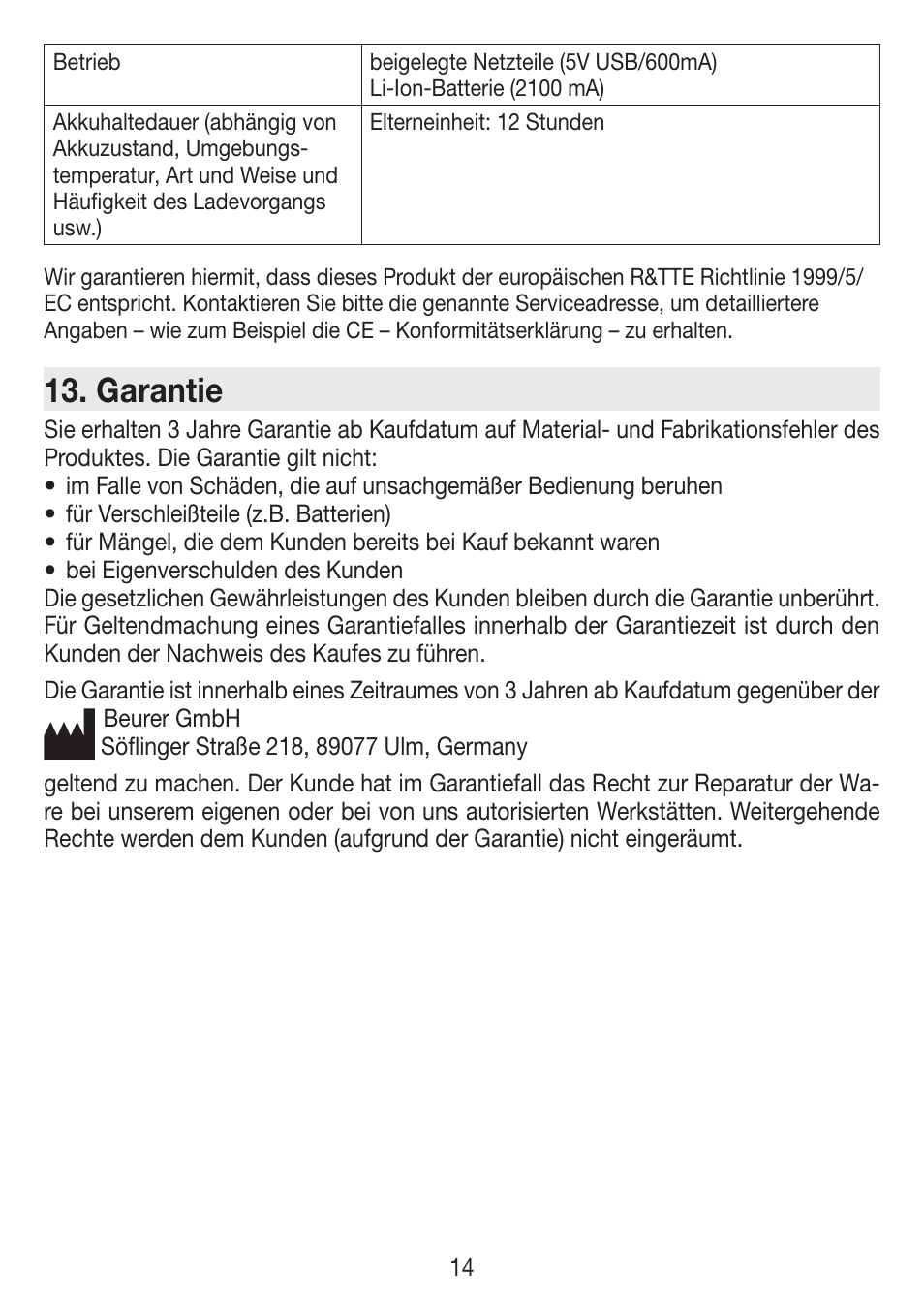 Garantie | Beurer BY 77 User Manual | Page 14 / 104