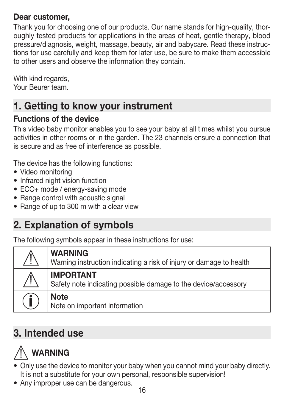 Getting to know your instrument, Explanation of symbols, Intended use | Beurer BY 77 User Manual | Page 16 / 104