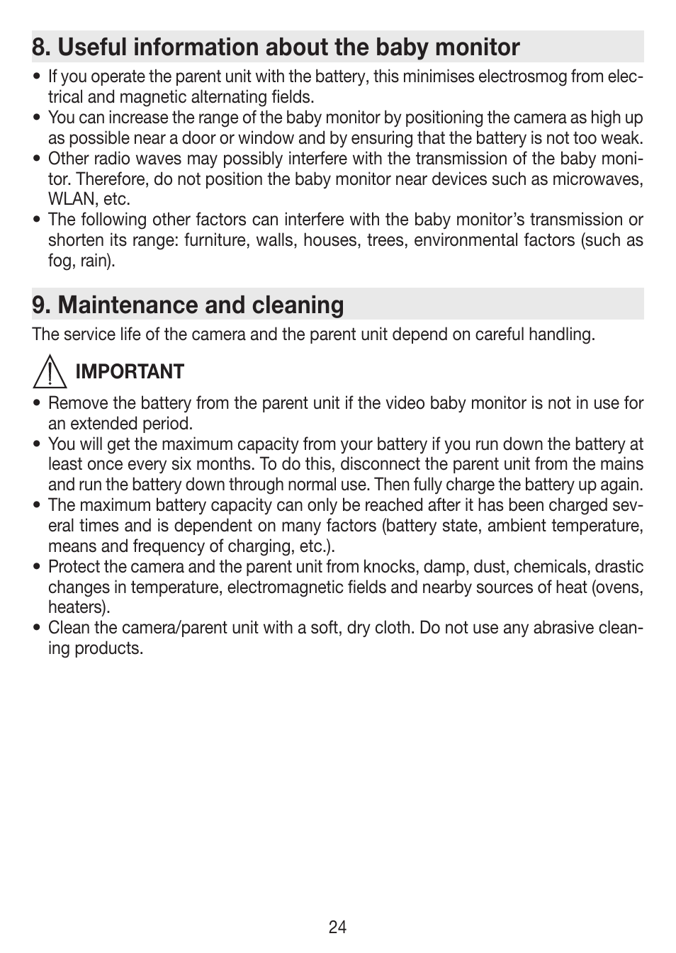 Useful information about the baby monitor, Maintenance and cleaning | Beurer BY 77 User Manual | Page 24 / 104