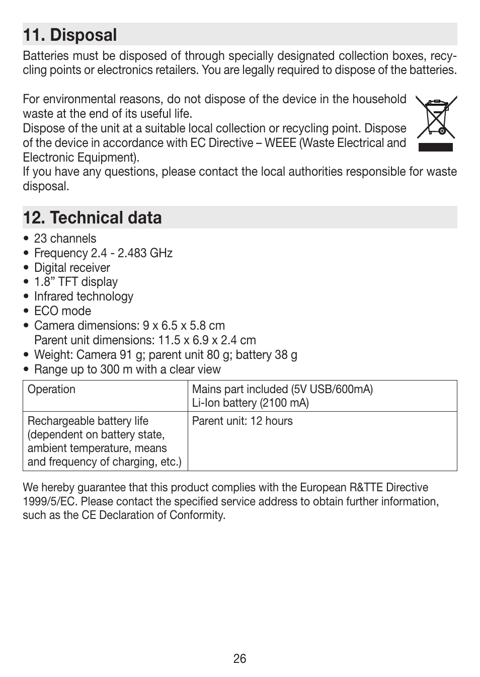 Disposal, Technical data | Beurer BY 77 User Manual | Page 26 / 104