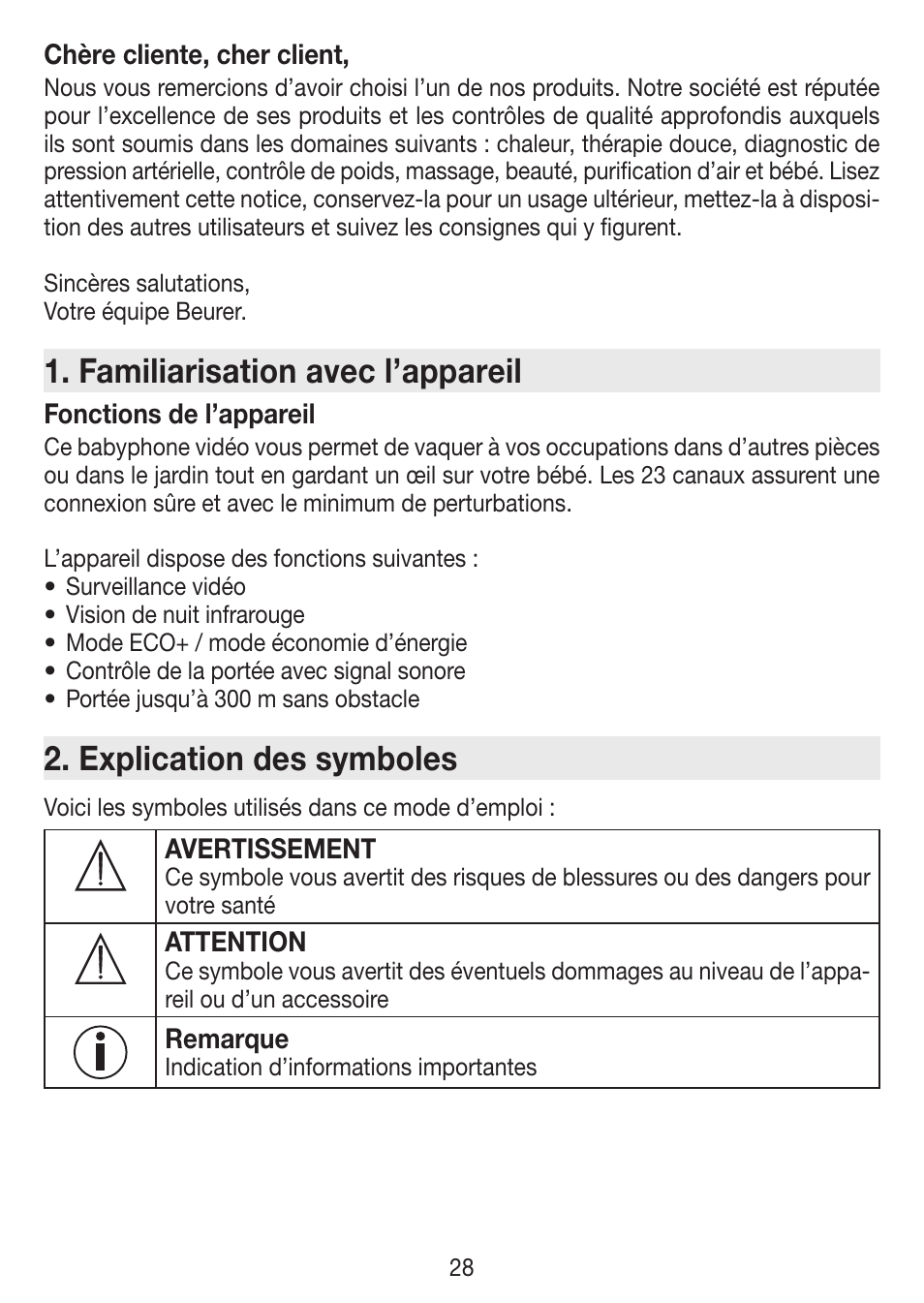 Familiarisation avec l’appareil, Explication des symboles | Beurer BY 77 User Manual | Page 28 / 104