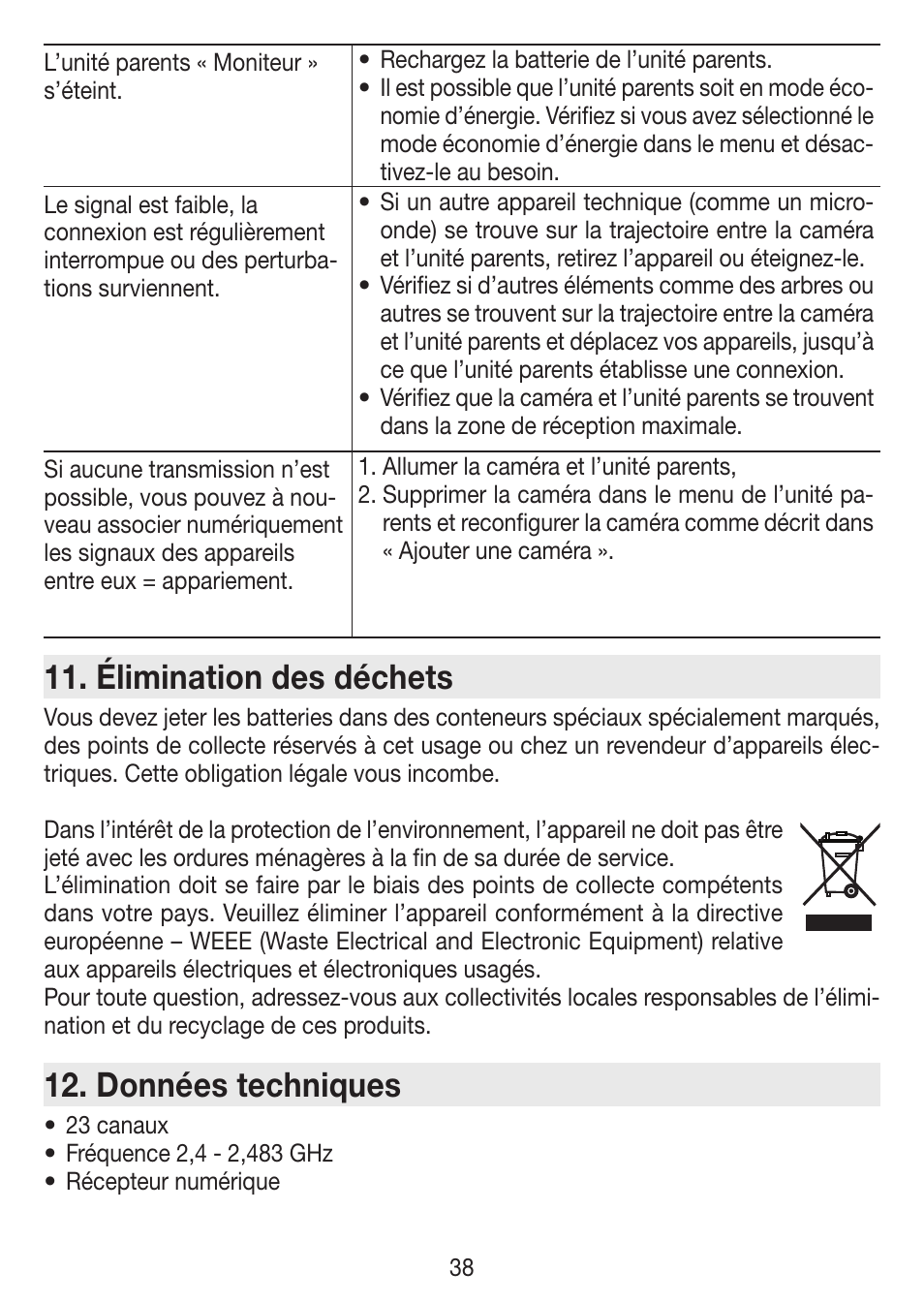 Élimination des déchets, Données techniques | Beurer BY 77 User Manual | Page 38 / 104