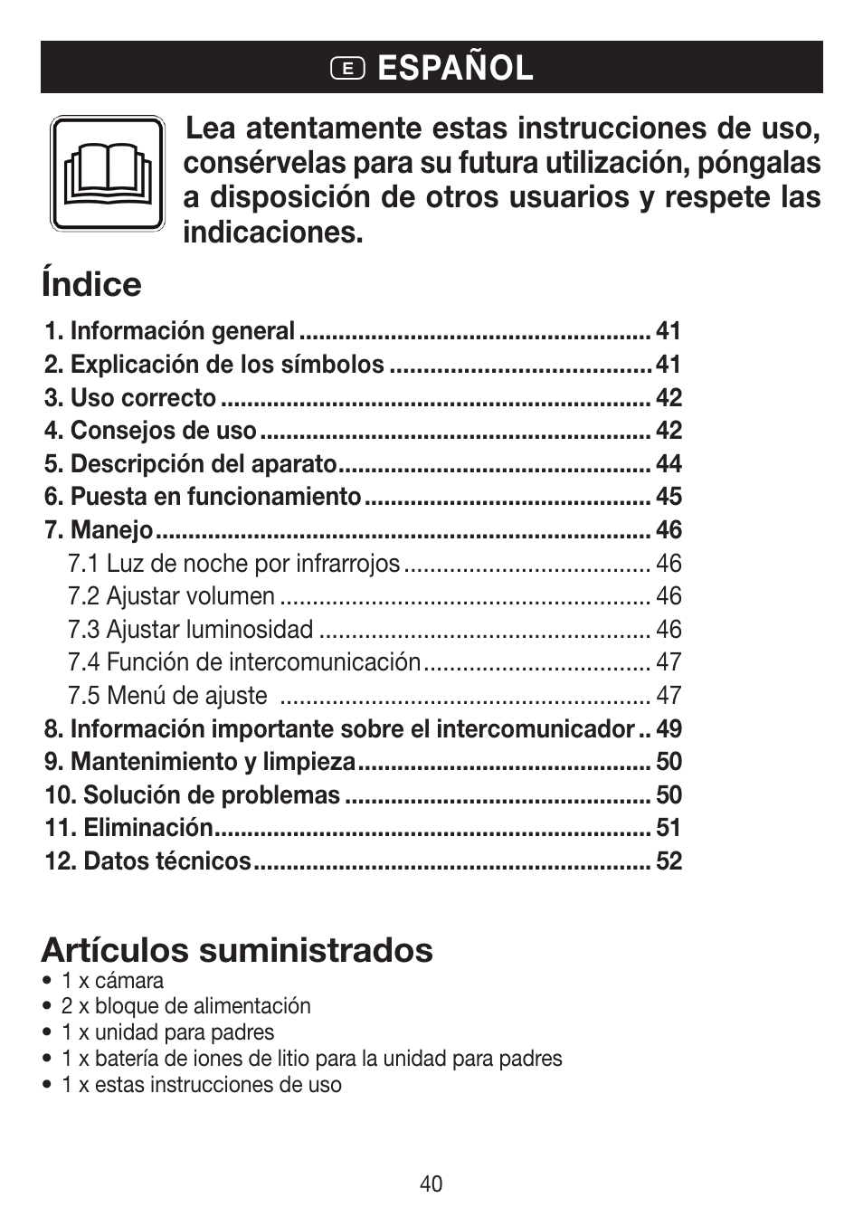 E español índice artículos suministrados | Beurer BY 77 User Manual | Page 40 / 104