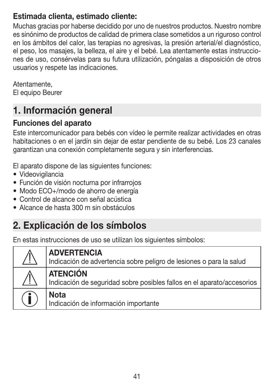 Información general, Explicación de los símbolos | Beurer BY 77 User Manual | Page 41 / 104