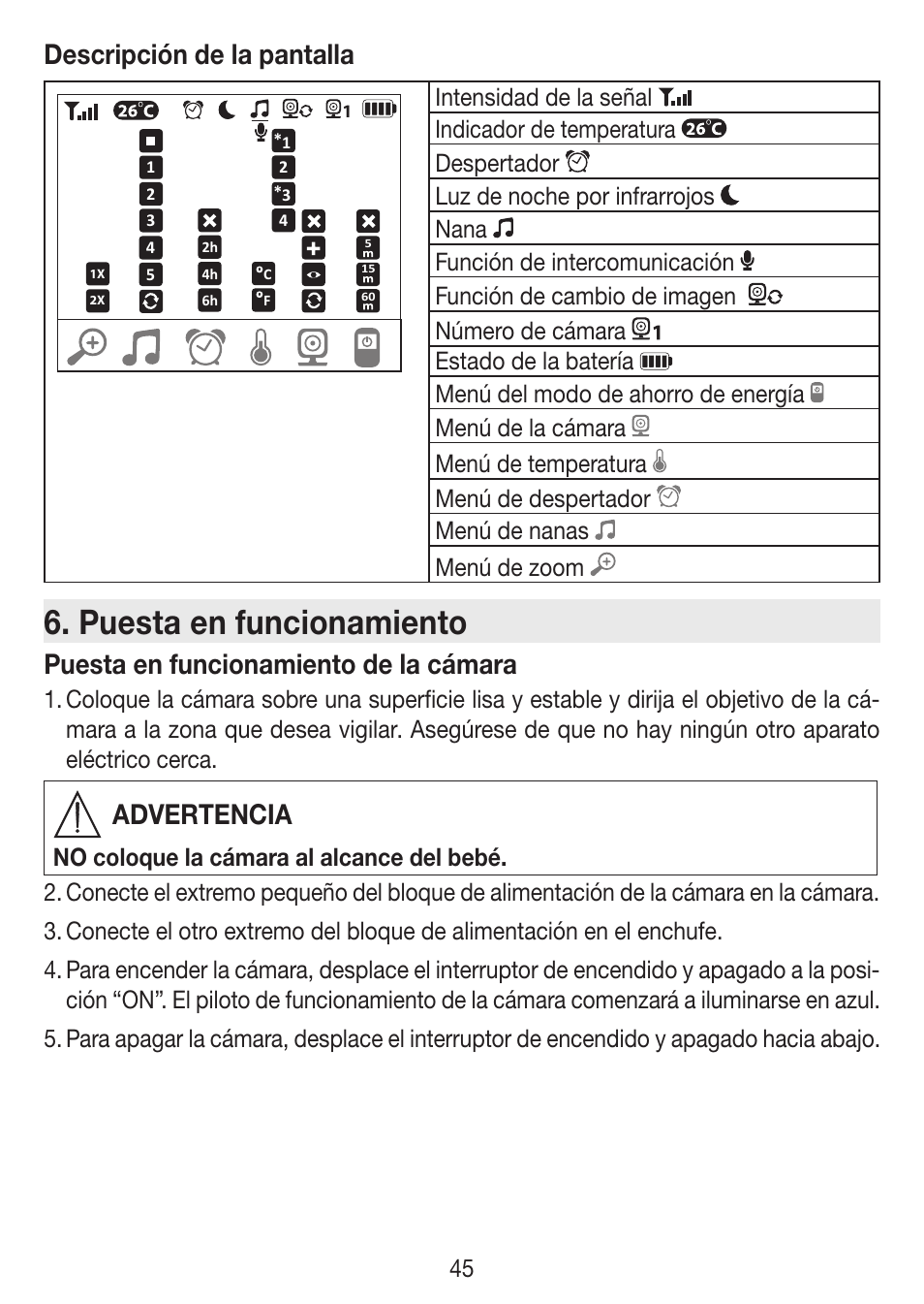 Puesta en funcionamiento, Descripción de la pantalla, Puesta en funcionamiento de la cámara | Advertencia | Beurer BY 77 User Manual | Page 45 / 104