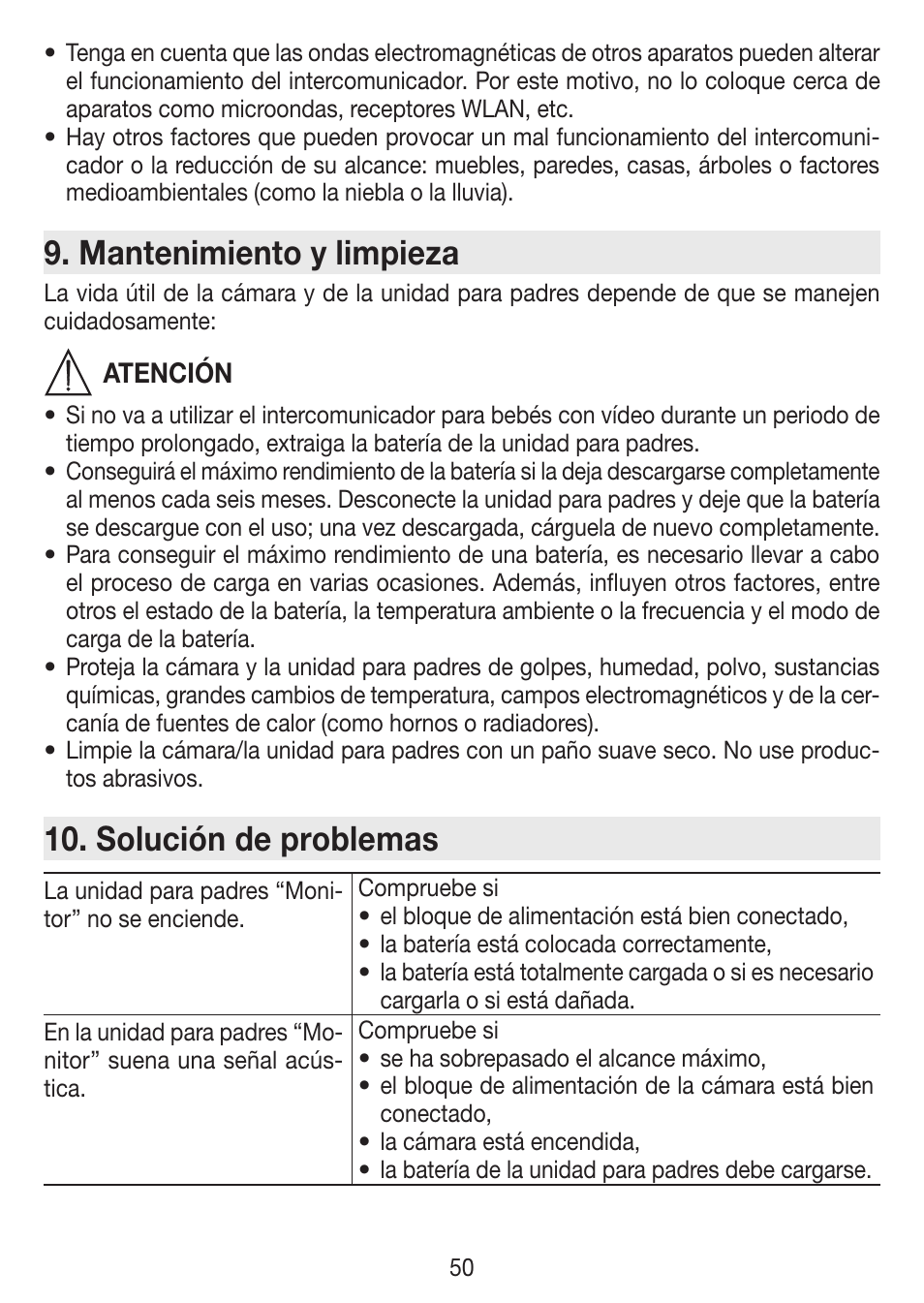 Mantenimiento y limpieza, Solución de problemas | Beurer BY 77 User Manual | Page 50 / 104