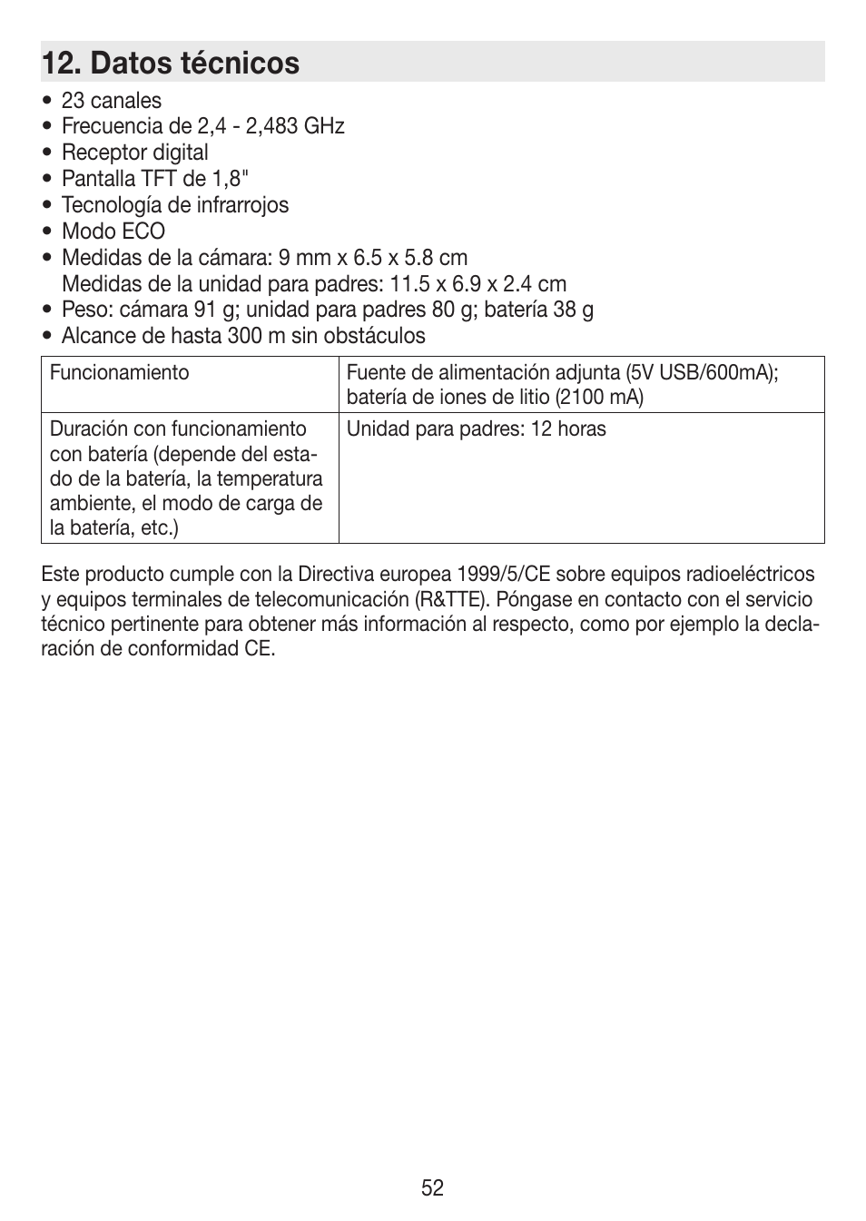 Datos técnicos | Beurer BY 77 User Manual | Page 52 / 104