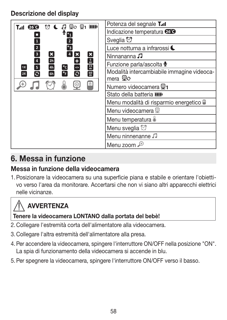 Messa in funzione, Descrizione del display, Messa in funzione della videocamera | Avvertenza | Beurer BY 77 User Manual | Page 58 / 104