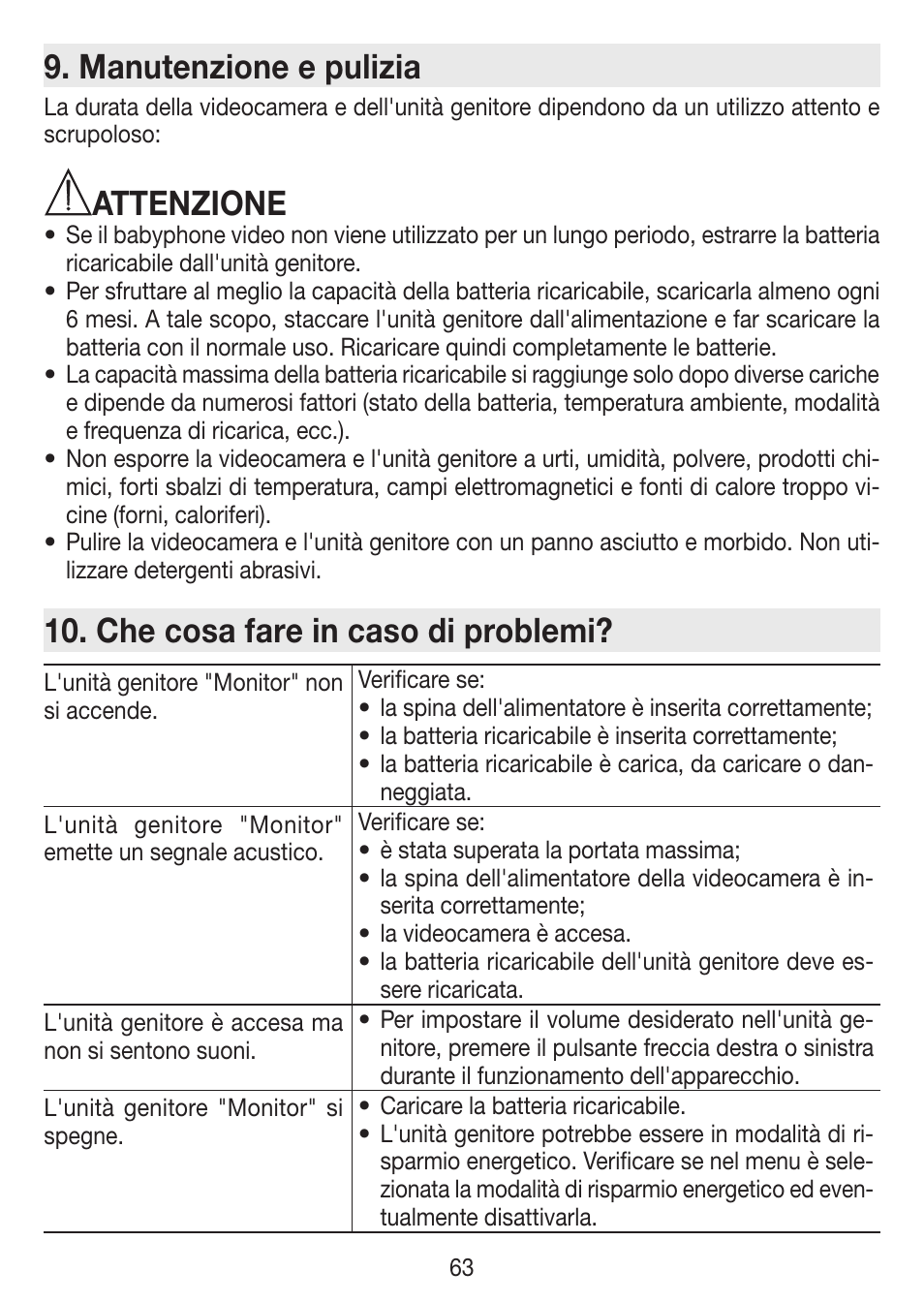 Manutenzione e pulizia, Attenzione, Che cosa fare in caso di problemi | Beurer BY 77 User Manual | Page 63 / 104